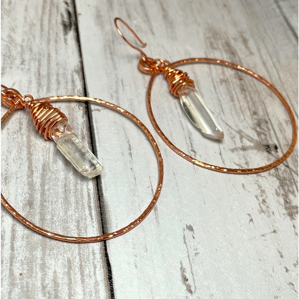 REDUCED Healing Quartz Crystal Hammered Copper Hoop Earrings Artisan Handmade